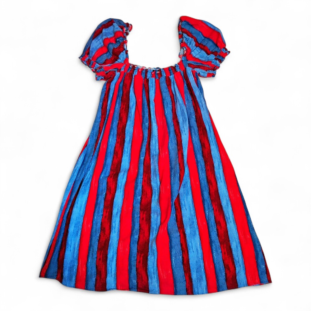 Pomander Place Red & Blue Striped Puff Sleeve Mini Dress